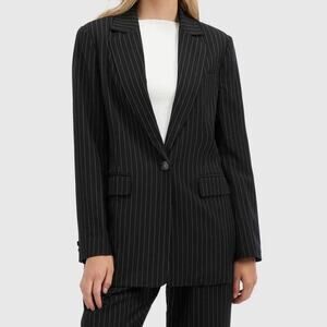 NEW NVLT Black White Stripe Notch Lapel Collar Button Satin Boyfriend Blazer